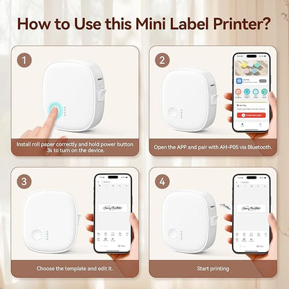 Mini Label Maker Machine with Tape AH-P05, Portable Bluetooth Mini Label Printer, Wireless Thermal Label Maker, Waterproof & Rechargeable, Built-in Cutter, for Home, Office, Kitchen – White
