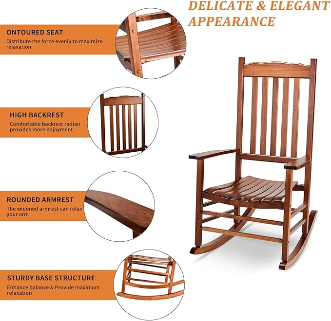 Outvita Outdoor Rocking Chair, Solid Wood High Back Rocker, All Weather Lounge