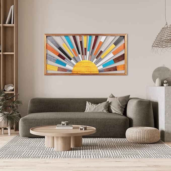 IARTTOP Large Boho Sun Wall Art Framed Wooden Art Wall Decor Rainbow Sun Rising