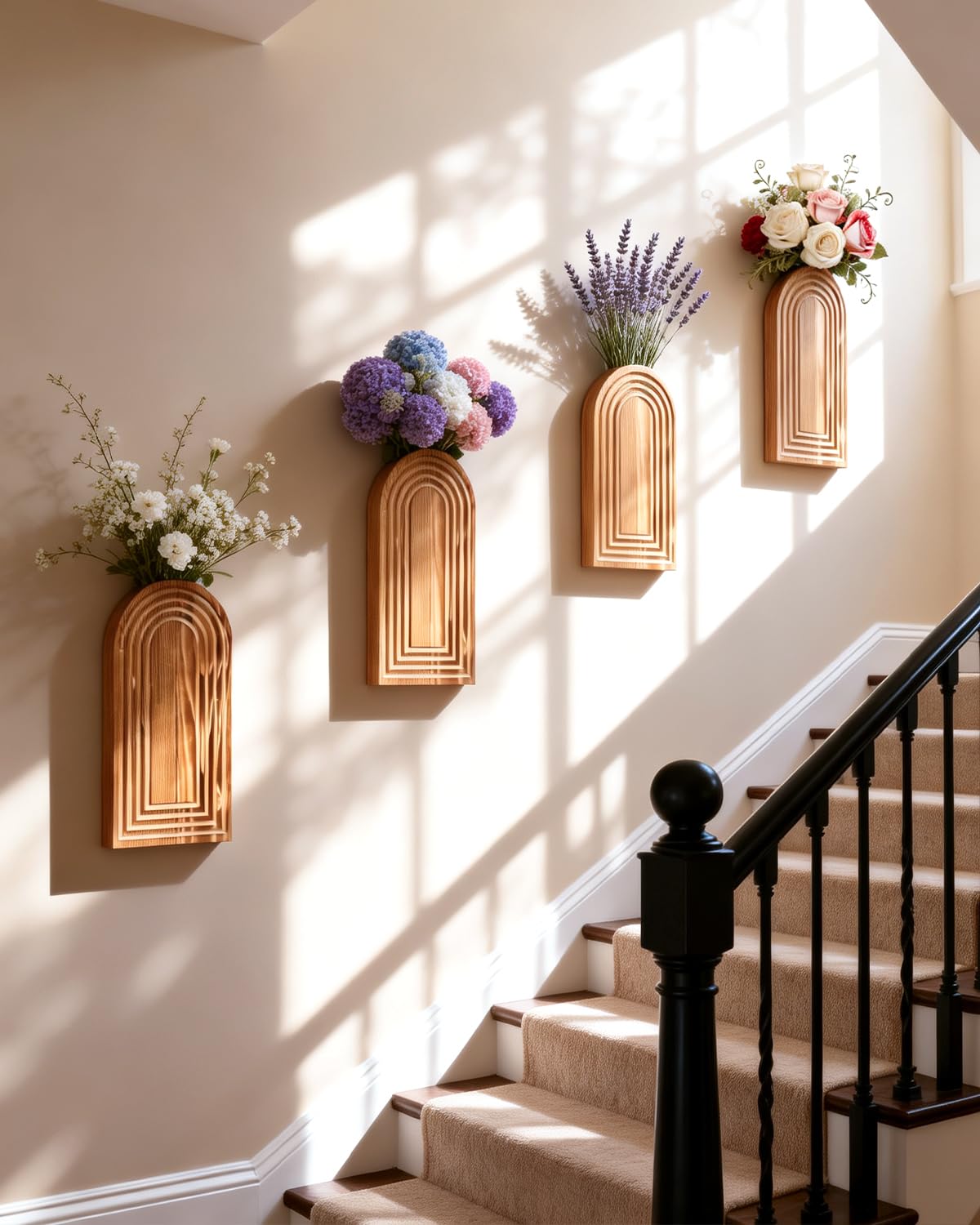 Wooden Wall Vase Set of 2 - Boho Natural Wood Wall Hanging Planter for Plants & Flowers,Modern Farmhouse Wall-Mounted Planters for Living Room,Entryway,Kitchen,Patio,Hallway,Wall Art for Home Decor