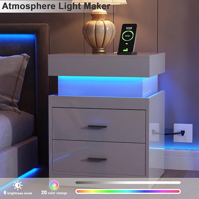 ChooChoo LED Nightstand Set of 2, Smart Night Standwith Charging Station and