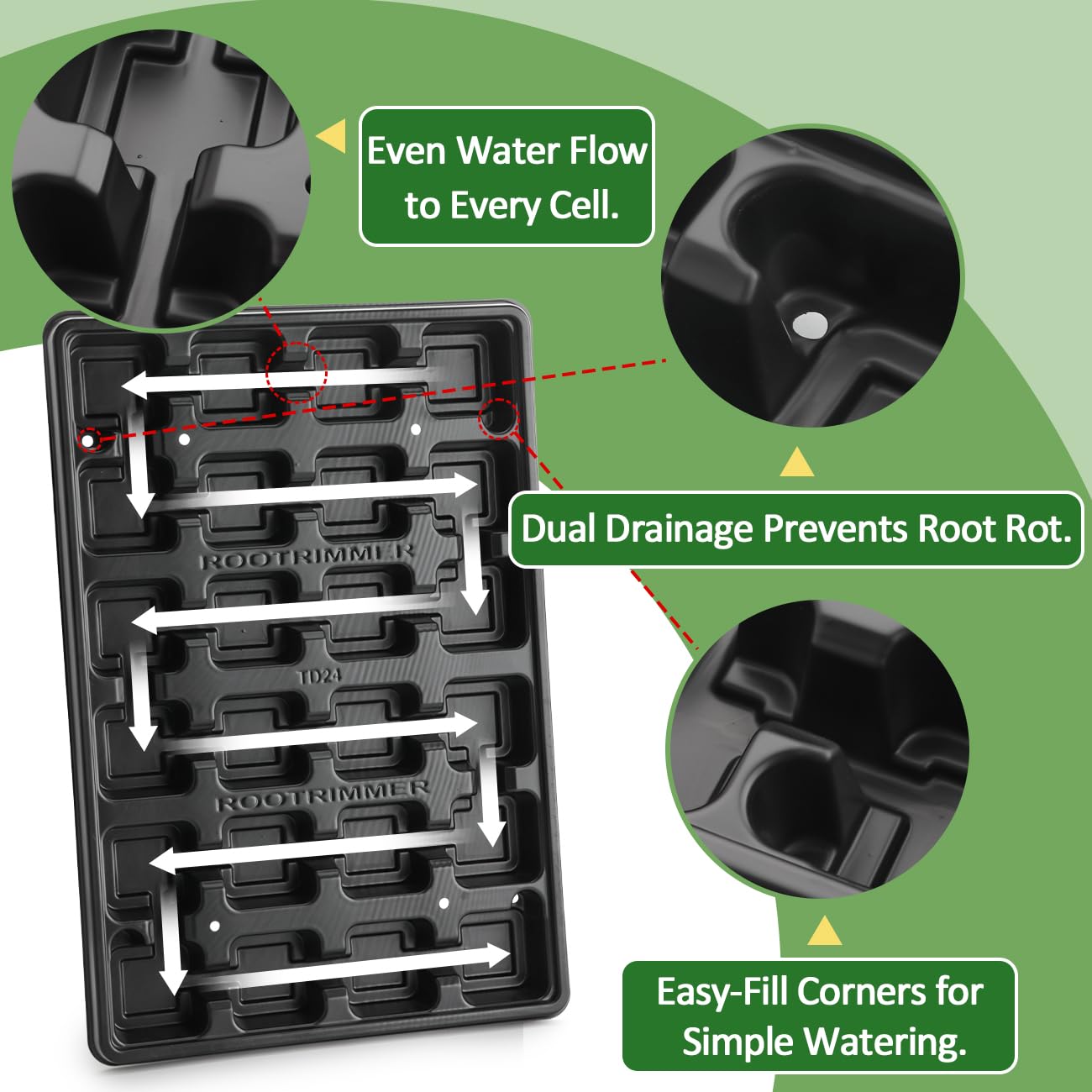 RooTrimmer 5 Pack 24 Cell Nursery Pots Trays with 2.8 inch (7CM) Square Nursery Pots 120pcs (Black), Plastic Seed Starter Tray with Drain Holes for Carrying and Holding Plant Pot(17"x11"x1.6")