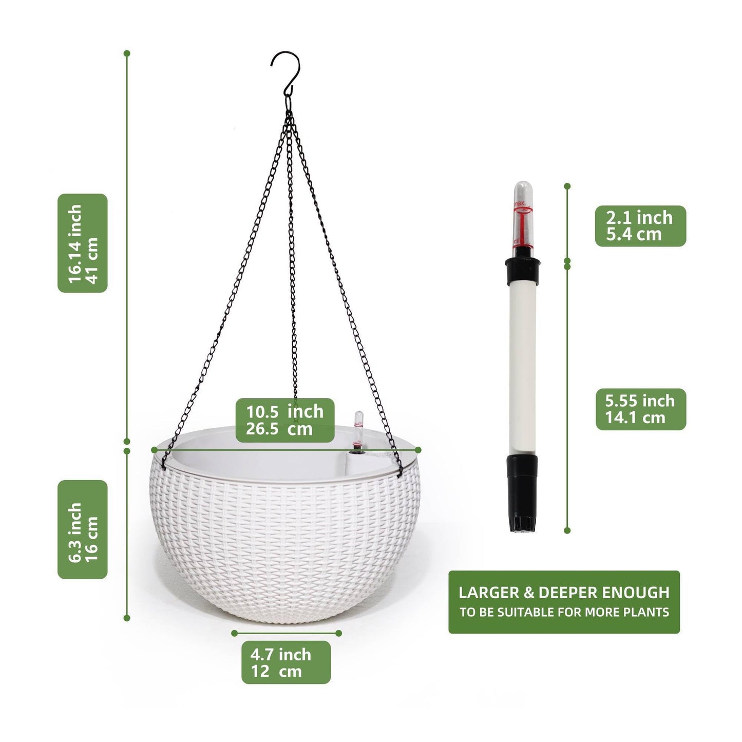 Dexceder 10.5 Inch Large Self Watering Hanging Planters Indoor Outdoor, Thickened Hanging Basket Flower Plant Pot with Water Level Indicator (White)