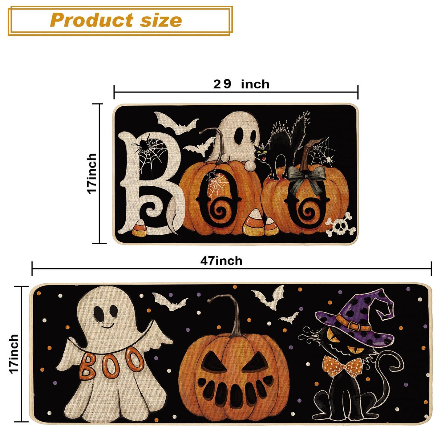 Baccessor Halloween Kitchen Mats Set of 2, Ghost Pumpkin Cat Spider Web Bat Boo Kitchen Rugs for Floor Low-Profile Farmhouse Fall Halloween Party Home Decor 17x29 and 17x47 Inch