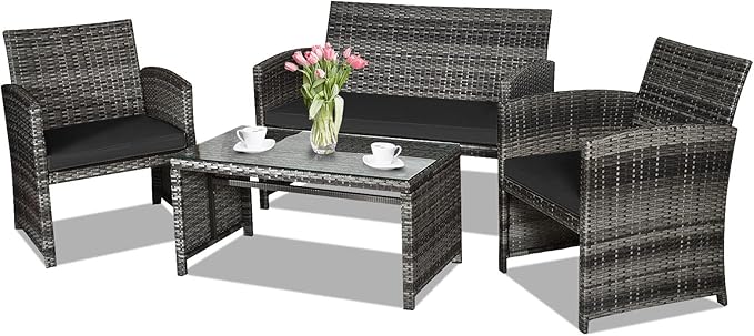 Goplus 4-Piece Rattan Patio Furniture Set, Outdoor Wicker Conversation Sofa