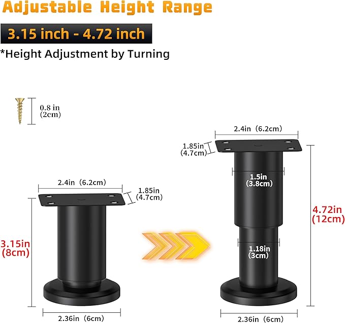 Wlrrcwdttc 4 Pcs Metal Adjustable Furniture Legs 3.15-4.72 inch, Adjustable