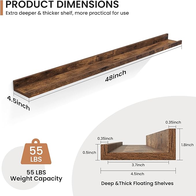 Fun Memories Picture Ledge Shelves Set of 2, 48 Inch Rustic Wall Mounted