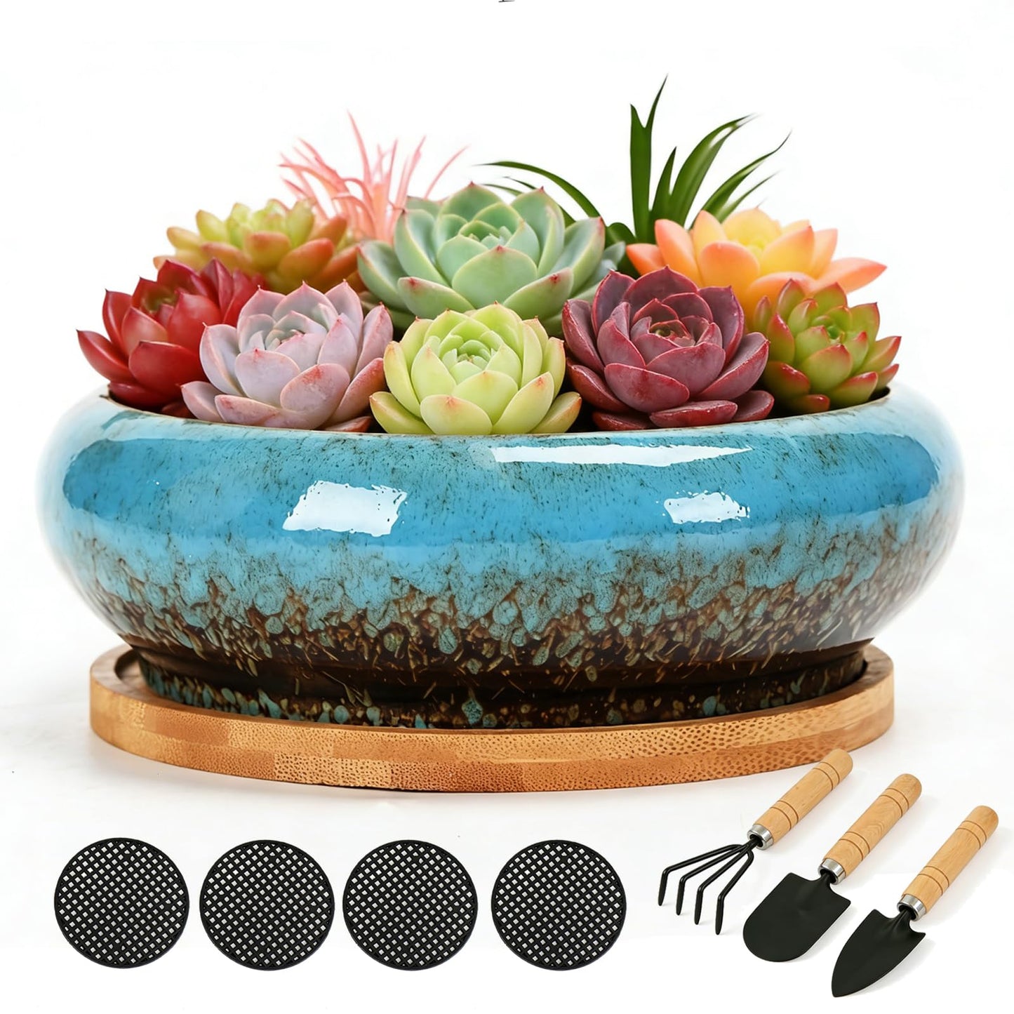 Drzewo 7-Inch Succulent Pots, Succulent Pots with Drainage, Drip Glazed Ceramic Planter with Small Garden Tools, Indoor Succulent Planters for Cactus, Potted Plant,Aloe Vera,Pot for Succulents