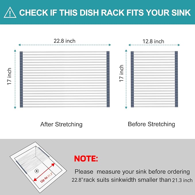 BBXTYLY Extra Large Expandable Roll Up Dish Drying Rack,Over The Sink Drying Rack Sink Cover Kitchen Sink Accessories Kitchen Rolling up Stainless Steel Drainer, Foldable,Rollable（Grey，22.8'-17.3''）