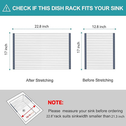BBXTYLY Extra Large Expandable Roll Up Dish Drying Rack,Over The Sink Drying Rack Sink Cover Kitchen Sink Accessories Kitchen Rolling up Stainless Steel Drainer, Foldable,Rollable（Grey，22.8'-17.3''）