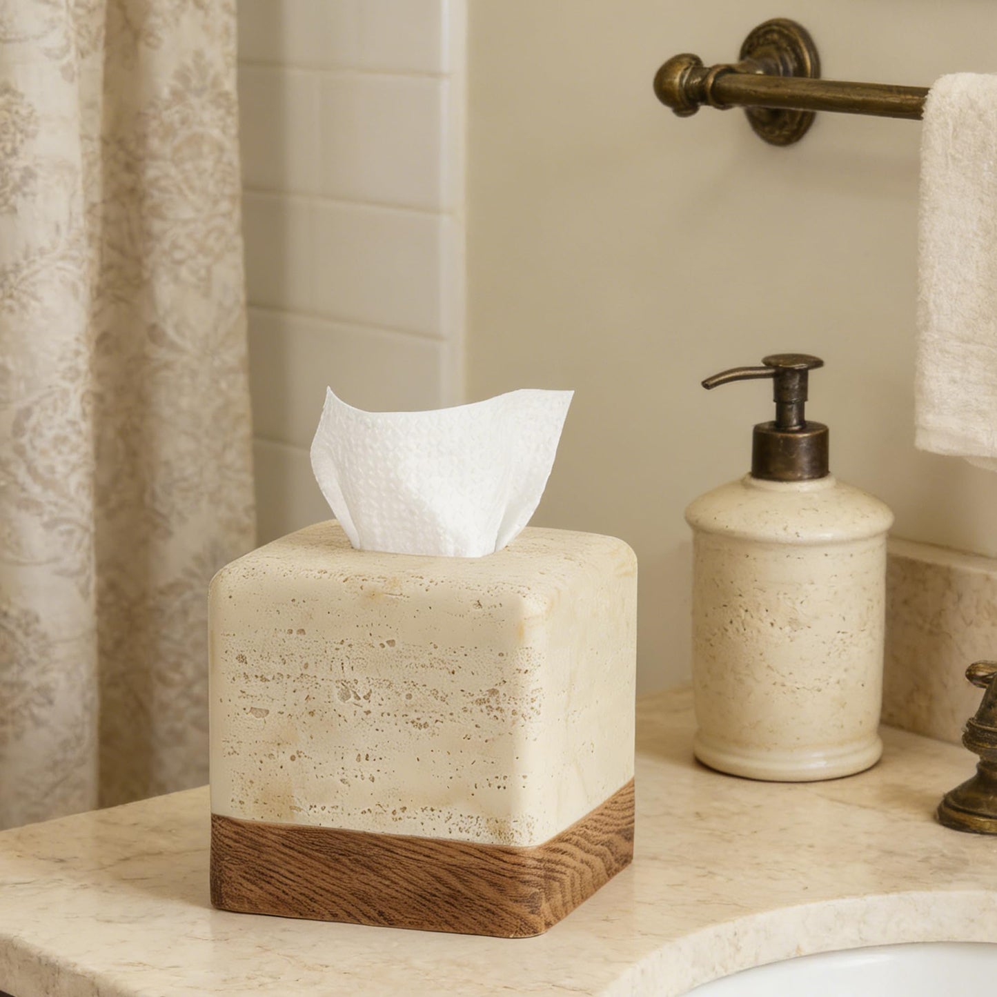 Natural Travertine Match Wooden Square Tissue Box Cover Decorative,Resin Heavy Sturdy Tissue Box Holder, Facial Paper Holder for Bathroom Vanity Countertop, Bedroom Night Stand,Office and End Table