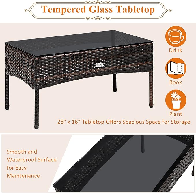 Tangkula 3 Pieces Patio Conversation Set, Outdoor PE Rattan Wicker Furniture