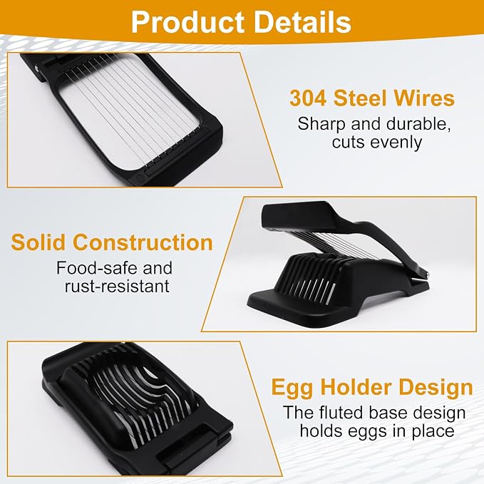Egg Slicer for Hard Boiled Eggs, Food Slicer with 10 Stainless Steel Wires, Aluminum Alloy Heavy Duty Hard Boiled Egg Cutter for Soft Fruit Strawberry Butter Kiwi Home Use (1Pcs, Black)