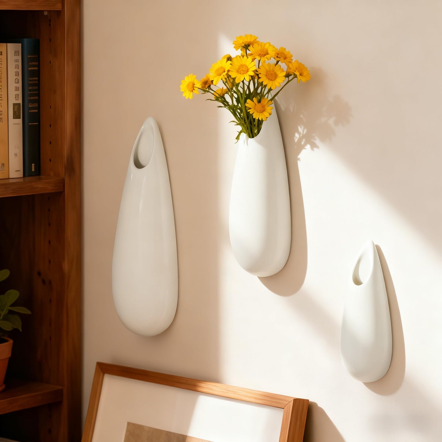 3 Pack White Ceramic Wall Vases,11.8+7.9+5.9 Inch White Vases, Cubicle Modern Decor Plant Holder Vase for Indoor Plants,Air Plants Holders,Office Minimalist Wall Decor
