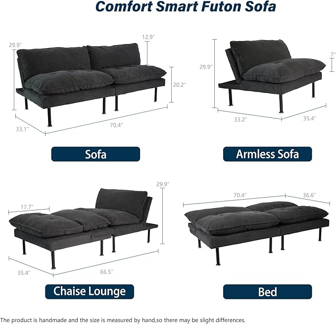 Ribilake 70" Futon Sofa Bed, 4 in 1 Multi-Function Couch Sleeper