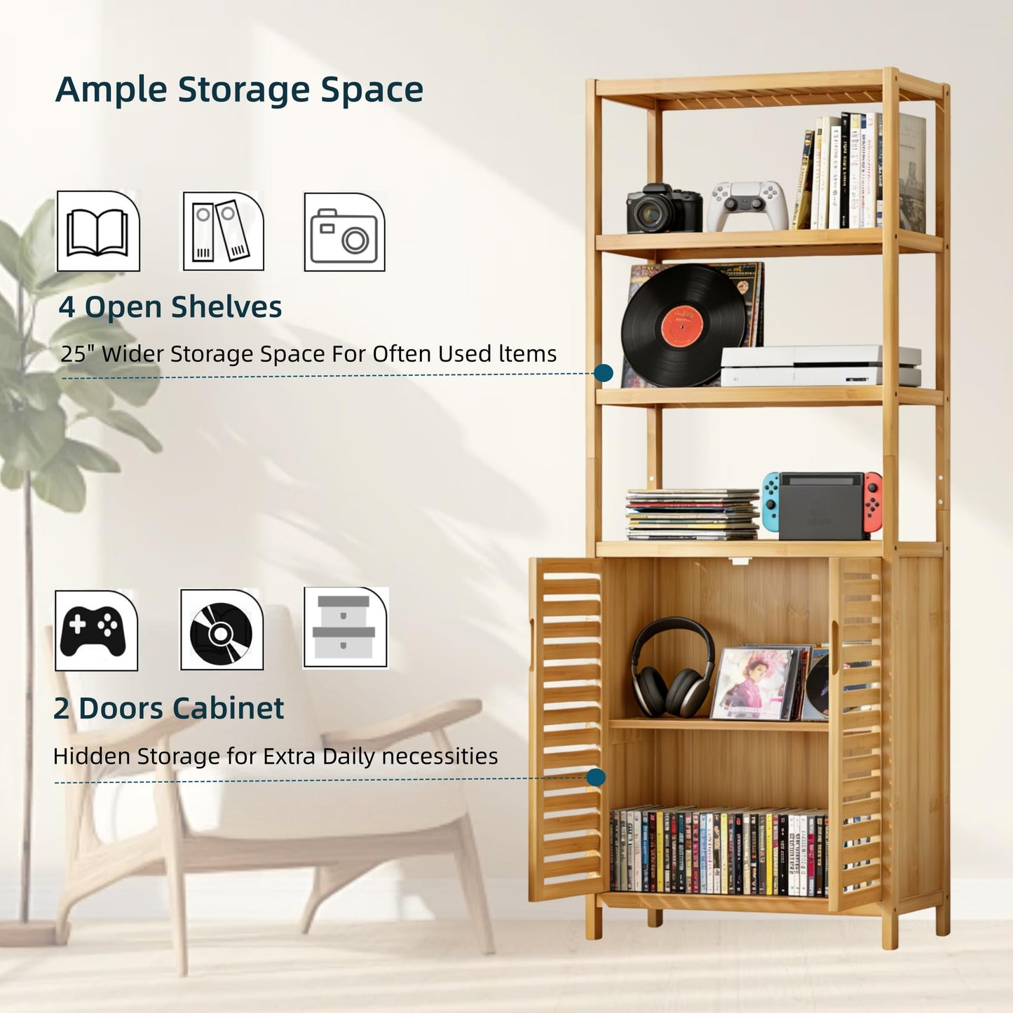 HIFIT 2 Set Tall Shelf Unit Bamboo Storage Cabinet with Doors, 5-Tier Bookshelves and Bookcases with Storage and Display, 67" Tall Cabinet w/Plant Stand for Bathroom,Living Room,Kitchen Dining,Balcony