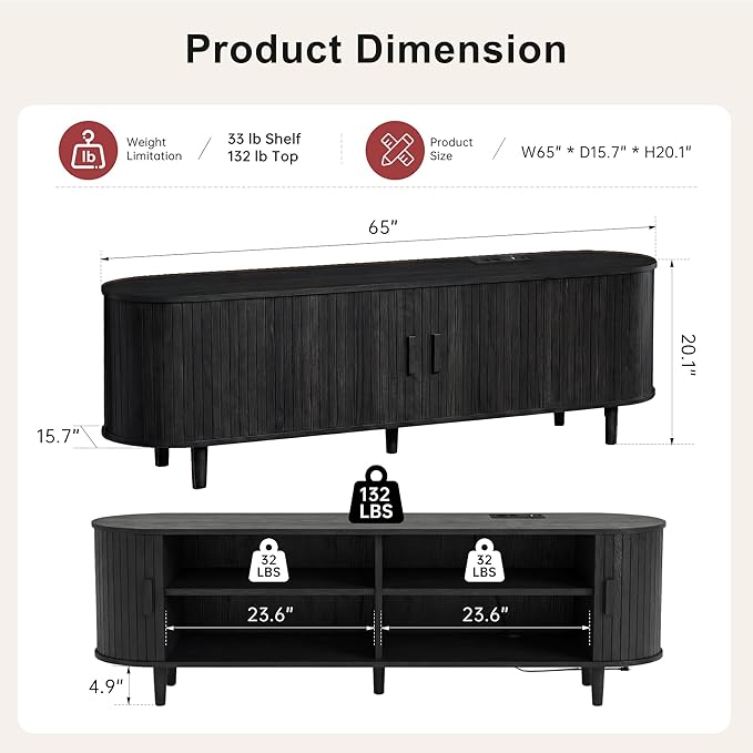 65" Mid Century Modern TV Stand, Wood TV Consoles