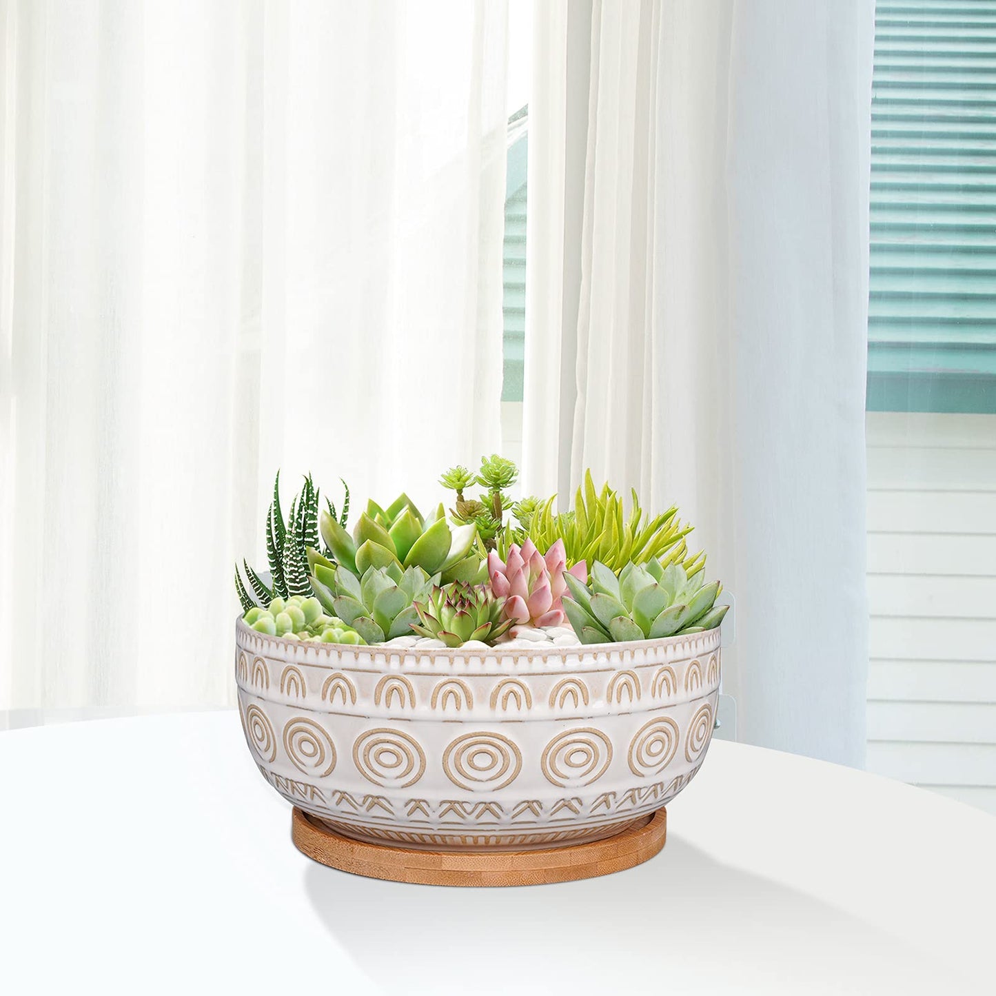 Eightpot 8 Inch Ceramic Succulent Planter Pot with Drainage Hole and Saucer Round Shallow Planter for Indoor Plants, White