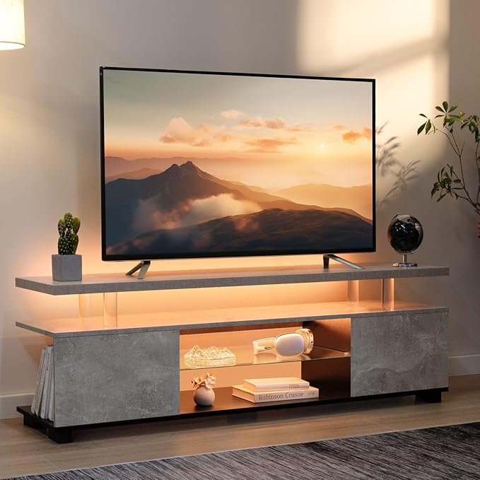 Cubehom Grey TV Stand, LED TV Stand Modern Entertainment Center