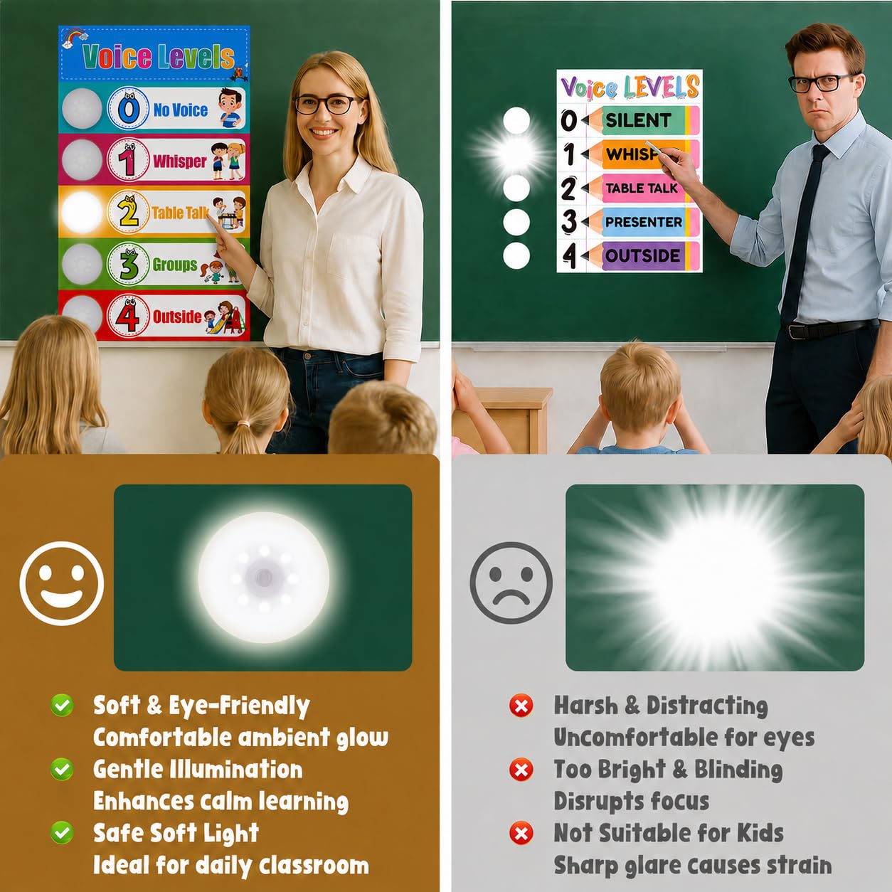 LED Push Lights Voice Level Chart for Classroom – 5 Pcs Magnetic Noise Monitor Poster, Battery Operated Teaching Essentials