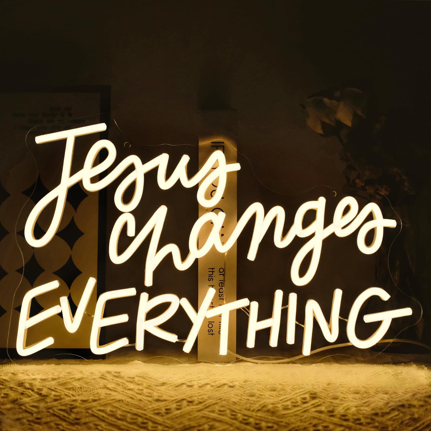 Virlusy Jesus Changes Everything Neon Sign for Wall Decor Dimmable White Christian Neon Signs Letters Led Neon Lights Signs LED Signs for Church Bedroom Home Party Decoration Christams Easter Gifts