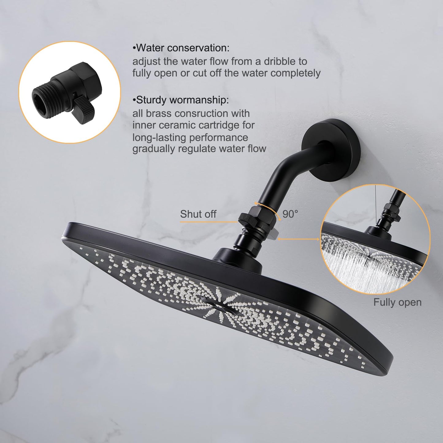 Matte Black Water Flow Control Valve, 1/2" Shower Head Flow Control Brass Shut Off Valve for Handheld, Water Pressure Regulator Replacement for Shower System