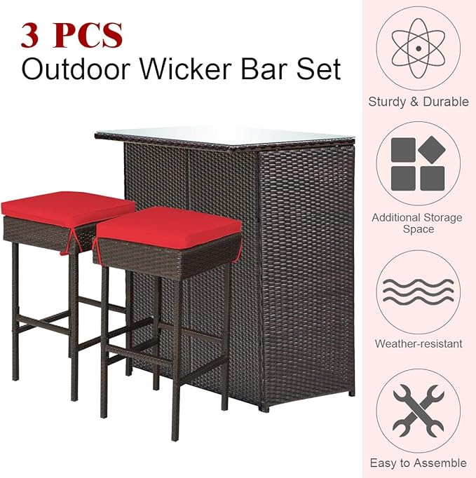Tangkula Patio Bar Set, 3 Piece Outdoor Rattan Wicker Bar Set