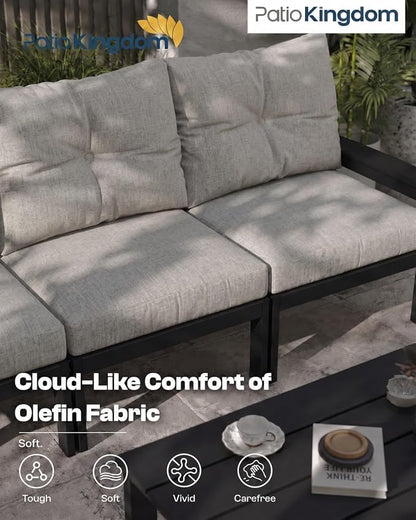HDPE Outdoor Patio Furniture Set, 10-Piece Patio Conversation Sets with Coffee Table & Grey Washable Thick Cushions, Outdoor Sofa for Garden, Balcony, Porch, Yard, Lawn (Black Frame)