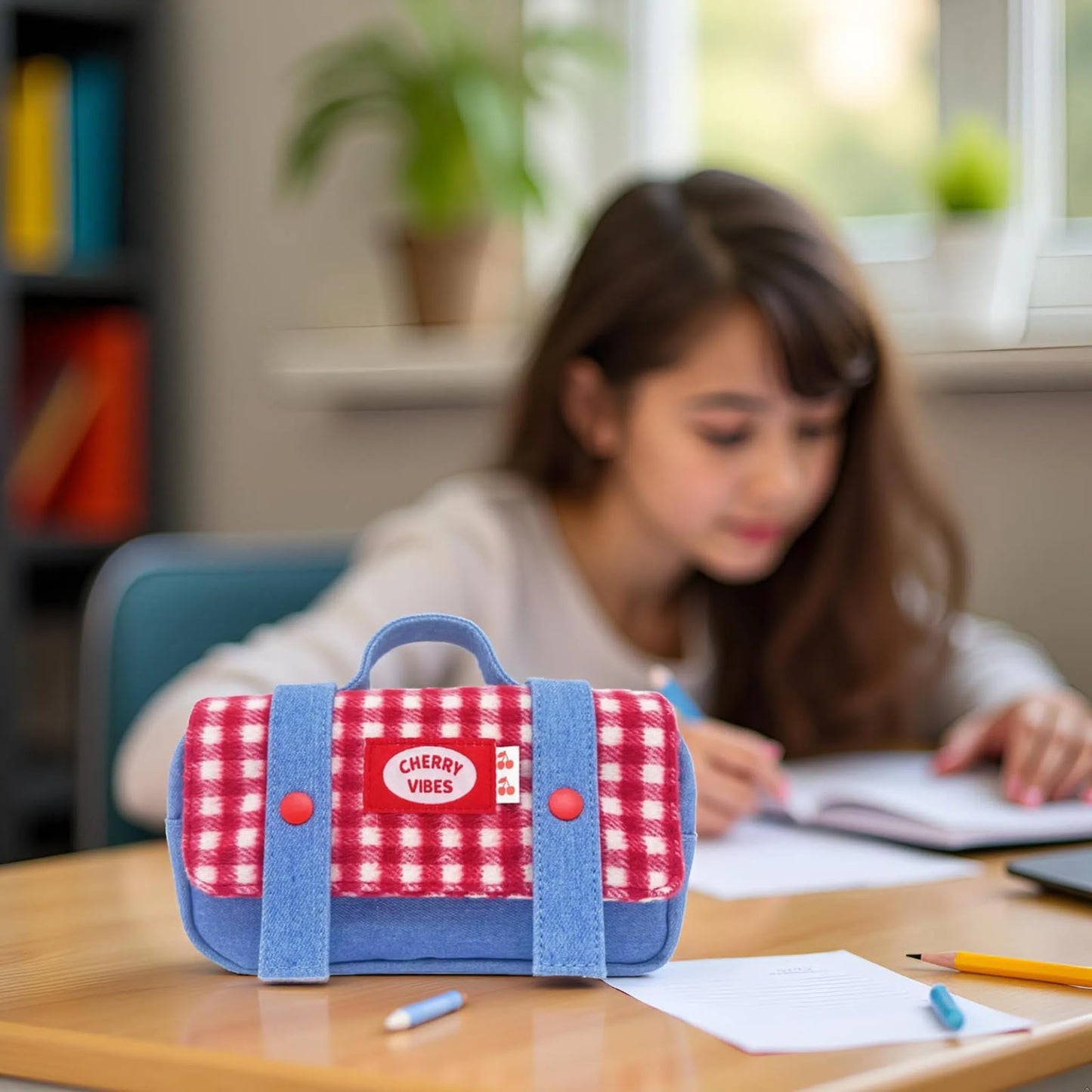 Haumei Cute Checkered Pencil Case, Red White Plaid with Denim Patchwork, Large Capacity Gingham Pattern Pen Bag with Handle, Big Stationery Organizer, Multi-Use Storage Pouch, 8.7x1.6x4.7 Inches, Blue