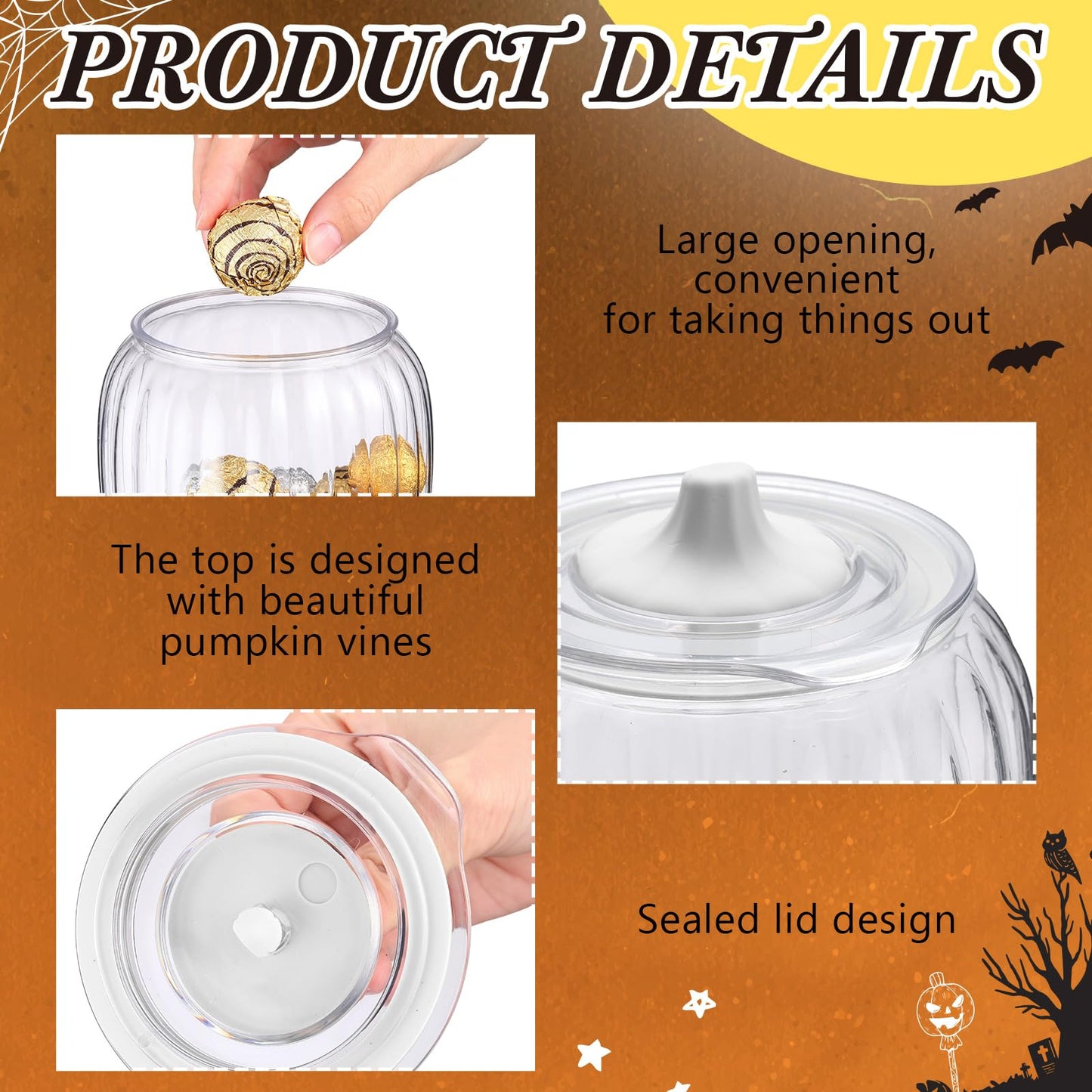 Mimorou 4 Pcs 42oz Halloween Pumpkin Jar with Lid Plastic Cookie Candy Jars with Airtight Lid Clear Pumpkin Shaped Snack Fruit Bowl for Halloween Fall Thanksgiving Home Indoor Party Decoration