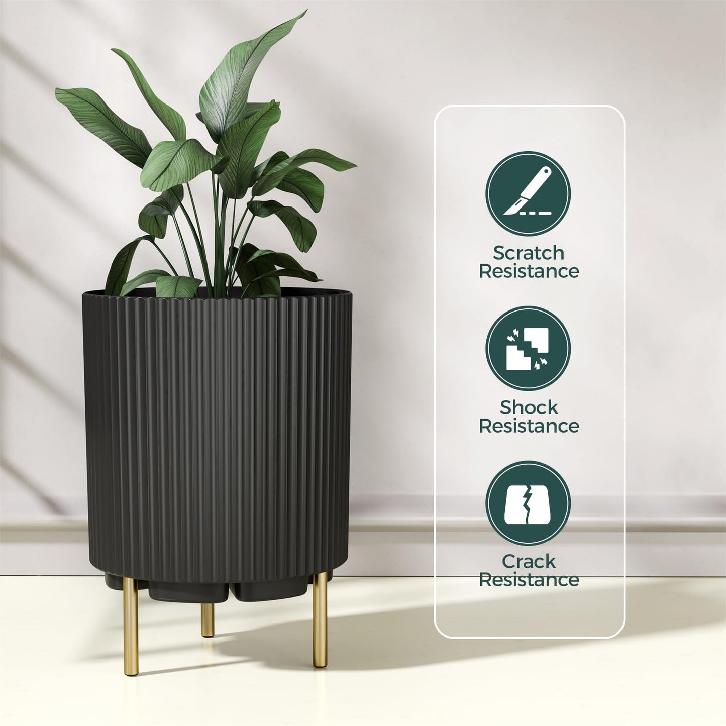 FONTOI 20.3'' Planter Stand, Plastic Striped Planter Stand with 3 Holder, Round Plant Stand for Outdoor/Indoor Planters, Plant Stand for Tall Plants Porch Decor, Black