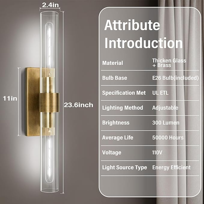 Brass and Glass Wall Sconces, 22.8" Vanity Lights for Bathroom 2 Lights, Horizontal or Vertical Linear Gold Wall Lamp, Indoor Sconces Wall Lighting, Tube Sconce for Living Room, Hallway