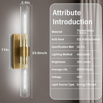 Brass Wall Sconces, 22.8" Bathroom Light Fixtures, Gold Wall Sconces Set of 2, 2-Light Dimmable Wall Sconce with Glass, Modern Vanity Light Up and Down Wall Lighting for Living Room Hallway