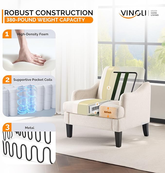 VINGLI Linen Fabric Accent Chairs Set of 2, Comfy Sofa Chair Living Room