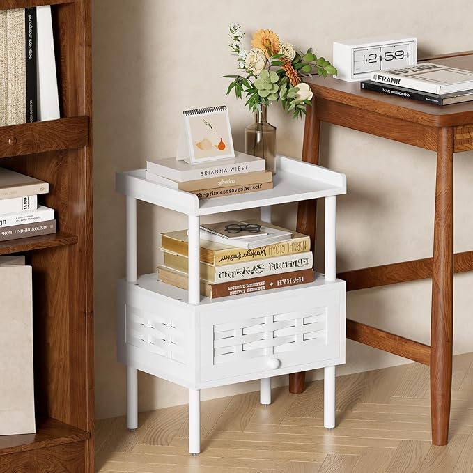 Amazer White Nightstand with Charging Station, Bamboo Night Stand