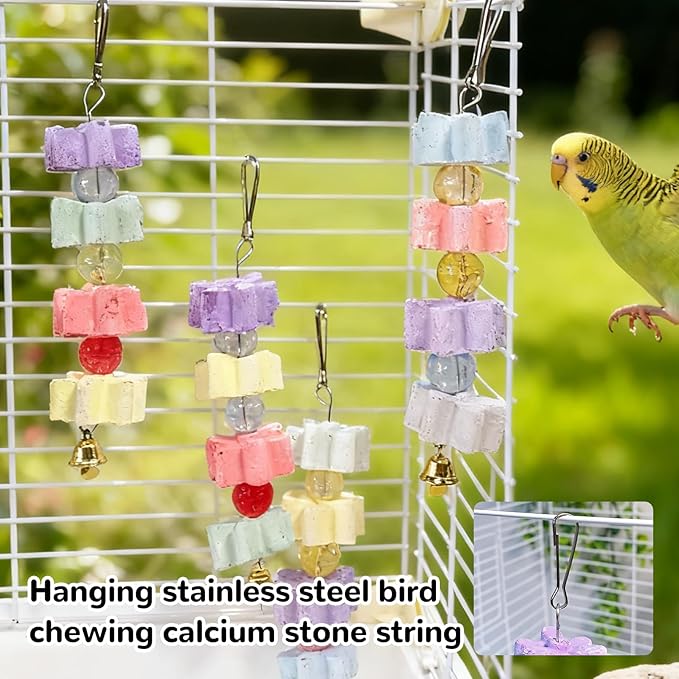 Hamiledyi 2Pieces Parrot Beak Trimmer Calcium Stone Chinchilla Grinding Teeth Lava Block Bird Beak Trim Pumice Toy Mineral Rock Chewing Toys with Bell for Conure Budgies Parakeet Hamster Rabbit
