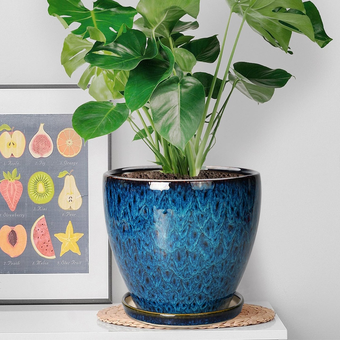 EPFamily 8 Inch Ceramic Planter Pot with Drainage Hole and Saucer, Ceraimc Plant Pot Round Flower Pot for Indoor Plants Outdoor Garden Planter, Blue