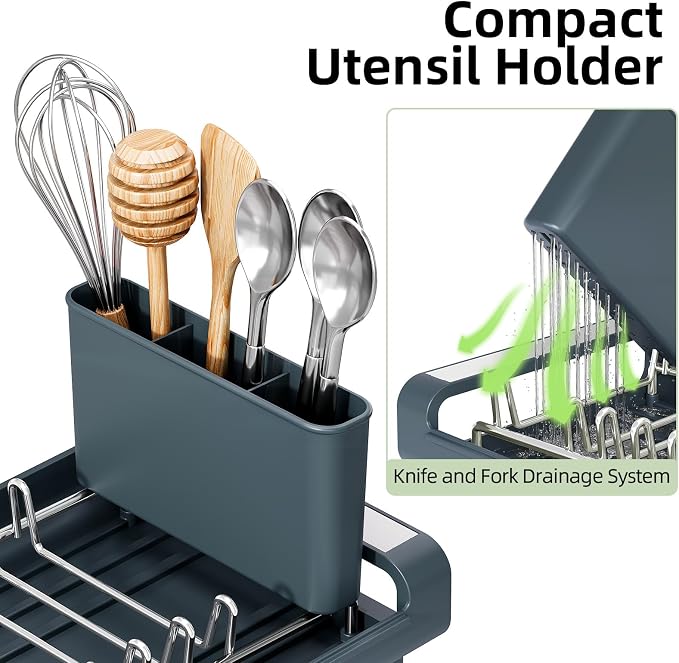 TOOLF Small Dish Drying Rack, Mini Expandable Compact Dish Rack, Slim Extendable Stainless Steel Dish Drainer for Kitchen Countertop, Space Saving Dish Strainer, Dark Slate Gray