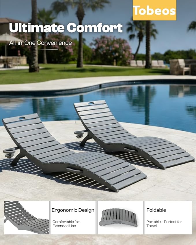 Folding HDPE Pool Lounge Chairs Set of 2, Pre-Assembled Outdoor Chaise Lounge