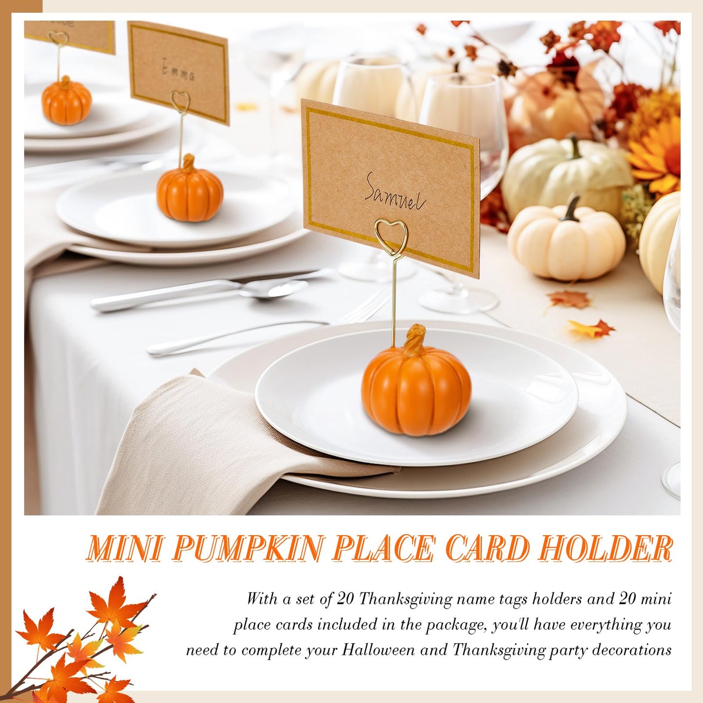 Qeeenar 40 Pcs Thanksgiving Pumpkin Decorations Pumpkin Place Card Holders with Fall Cards for Table Setting Wedding Table Decor Mini Pumpkins Tables Number Holder (Orange)