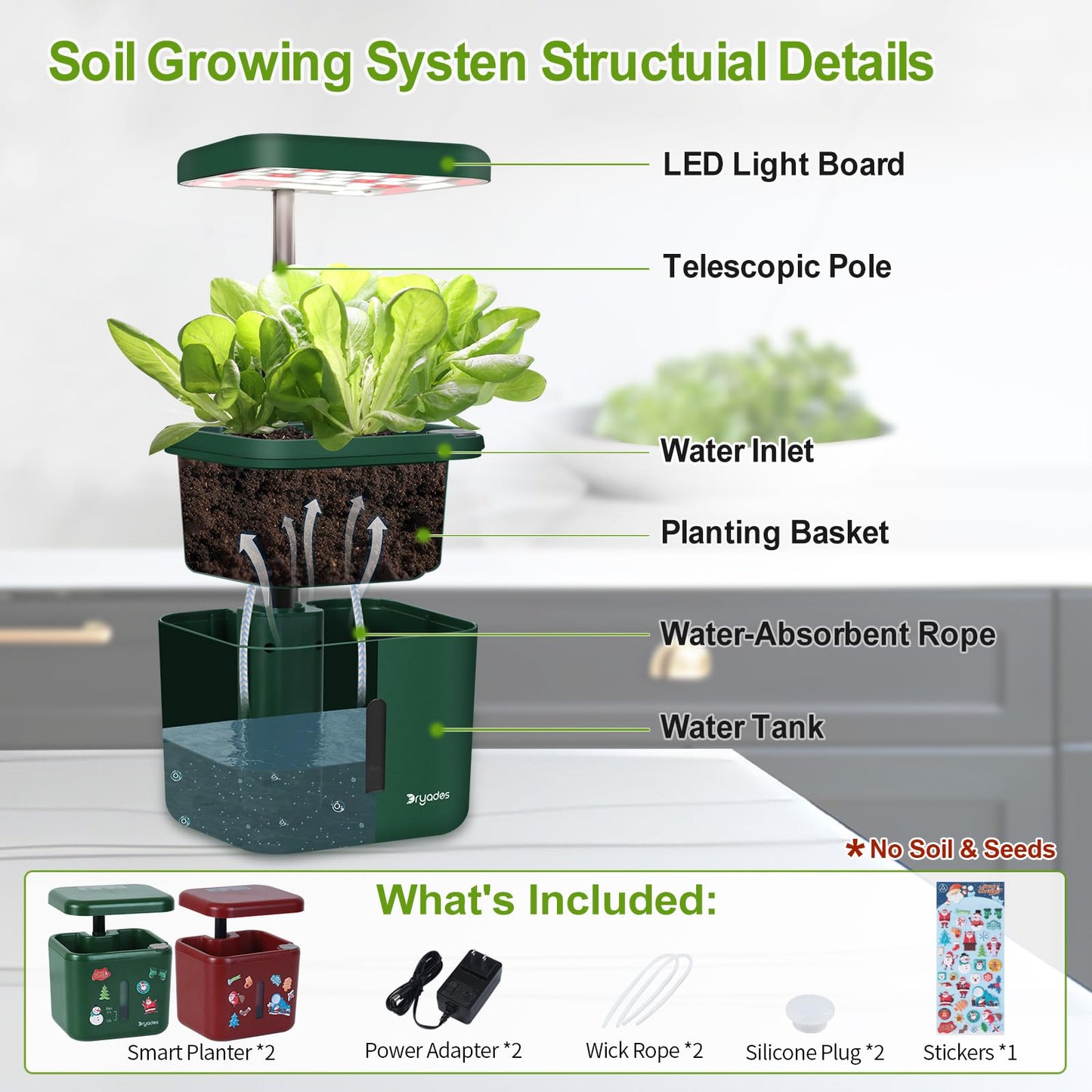 DRYADES 2-Pack Indoor Planting System Smart Soil Growing Kit with 17-W LED Grow Light Automatic Timed Watering Planters Gift for Friends/Women (No Seeds&Soil)
