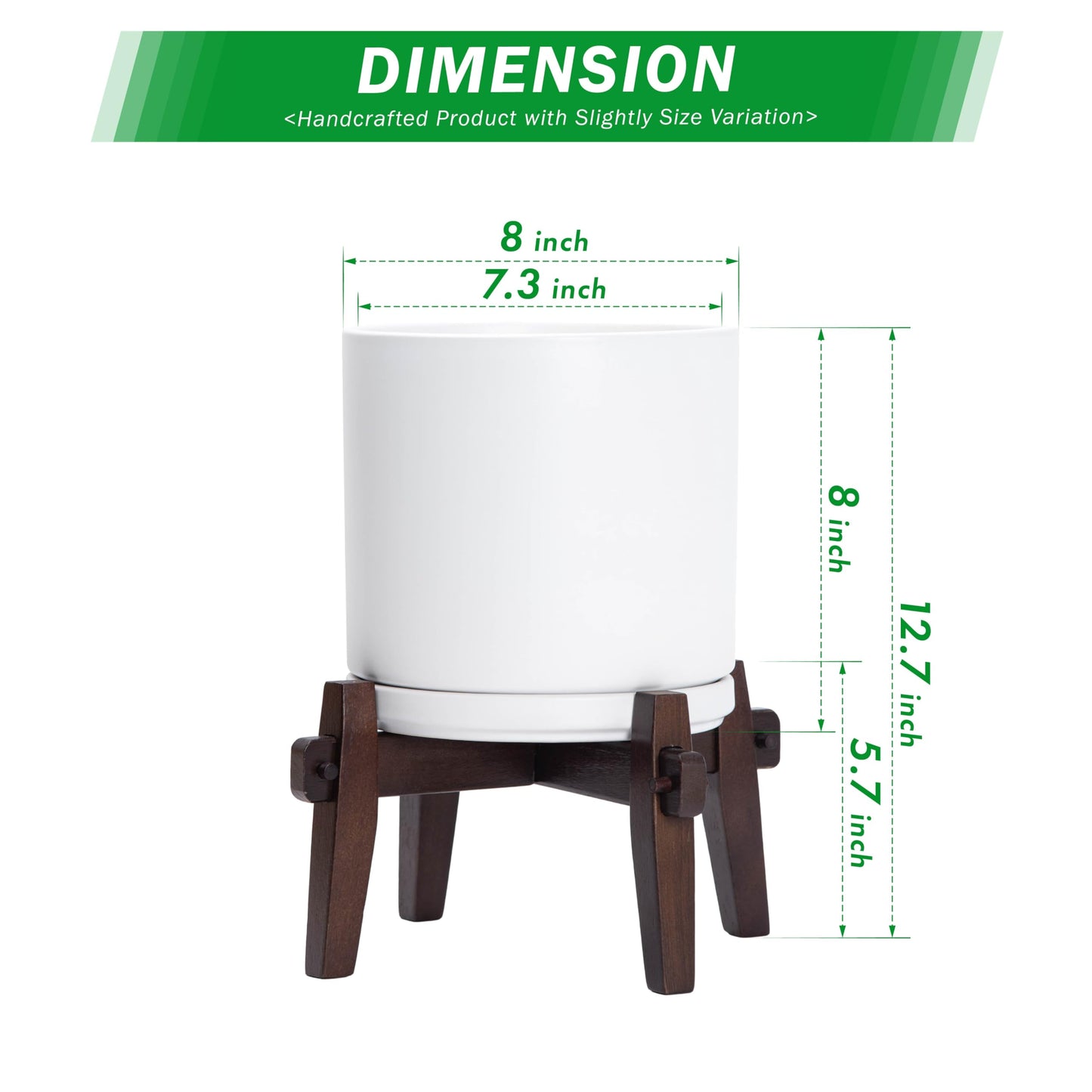 D'vine Dev Ceramic Planter with Wood Stand - 8 Inch Mid Century Modern Cylinder Indoor Plant Pot Set for Indoor Plants & Flowers, White, 55-A-Y-1