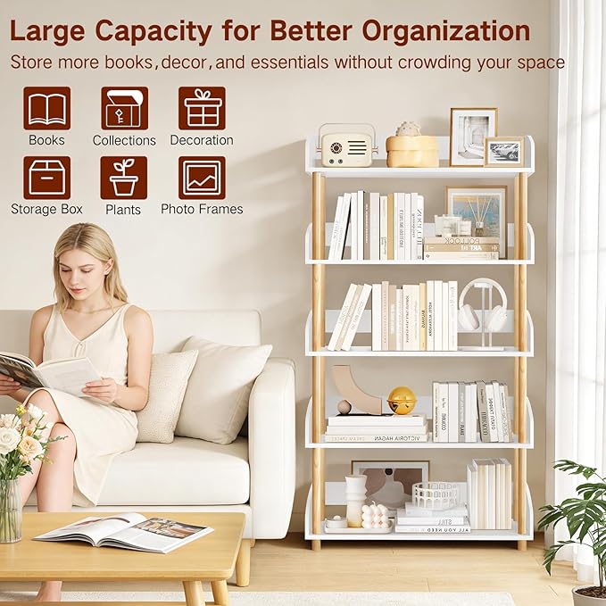 5-Tier Wooden Bookshelf, Modern Open Bookcase