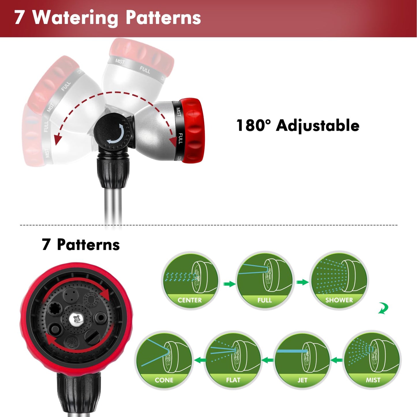 RESTMO Metal Watering Wand, Heavy Duty Garden Hose Wand with 180° Swivel Ratcheting Head, 16'' Hose Nozzle Sprayer with 7 Spray Patterns and Flow Control, for Water Hanging Baskets and Shrubs, Red