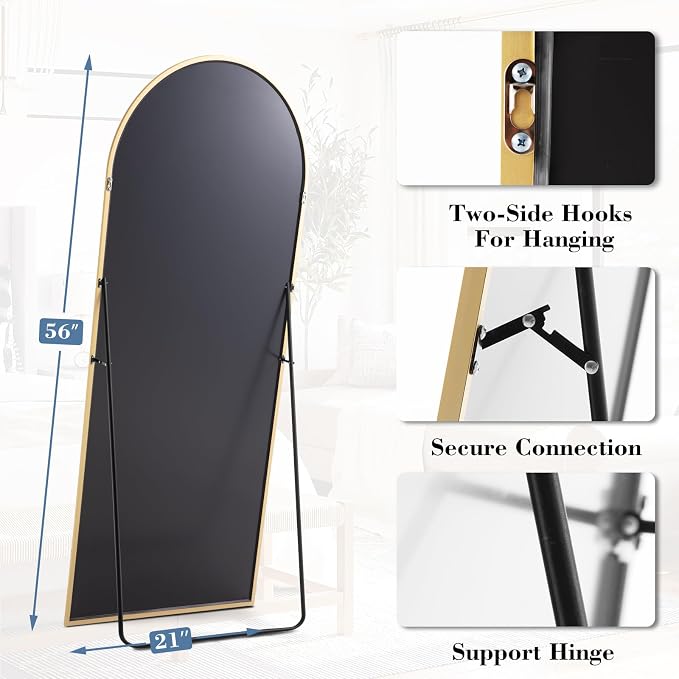 NEWBULIG Arched Mirror Full Length, 56"x21" Body Wall Mirrors with Shatter-Proof Glass, Upgraded Floor Standing Mirror, Hanging or Leaning, with Stand Aluminum Alloy Frame for Home Decor, Gold
