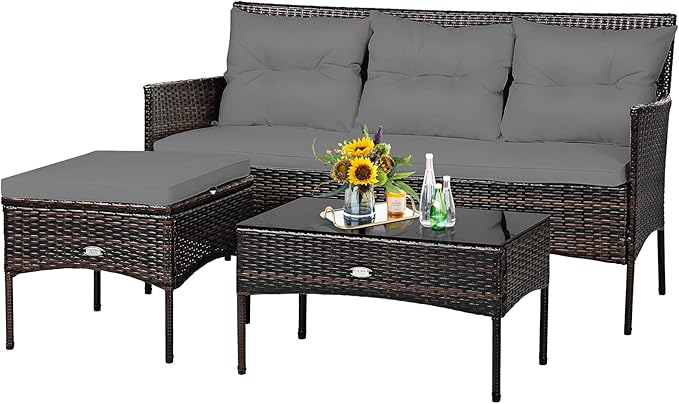 Tangkula 3 Pieces Patio Conversation Set, All Weather Outdoor PE Rattan Wicker