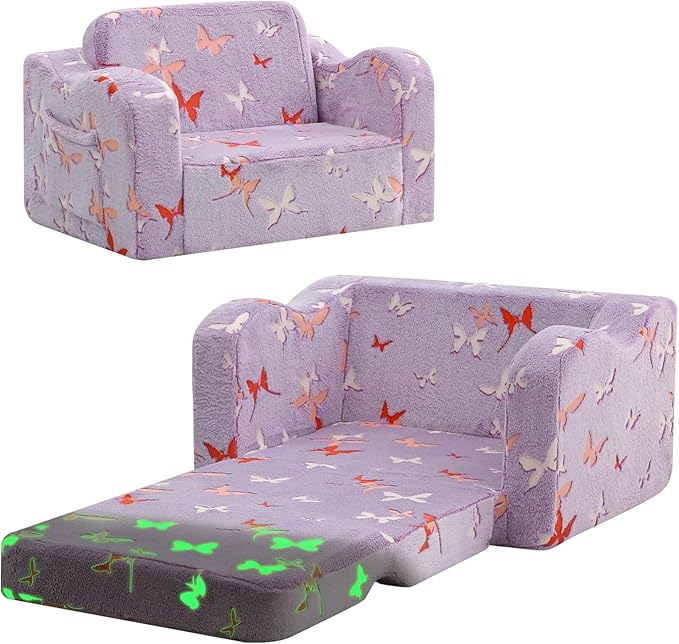 MeMoreCool Glowing Butterfly Kids Chair, 2-in-1 Foldable Kids Couch