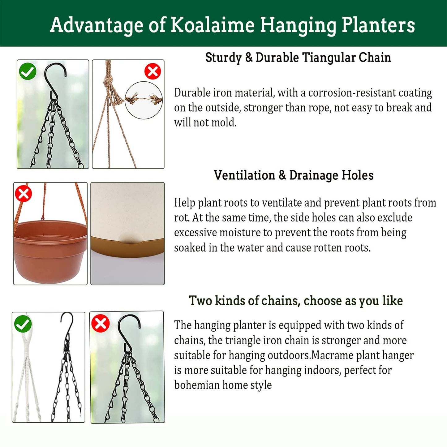 Koalaime Hanging Planters for Indoor Plants, 2 Pack 10 Inch Self Watering Pots with Macrame Plant Hanger, Hanging Baskets Holder for Outdoor Garden Home Ceiling Window Decor