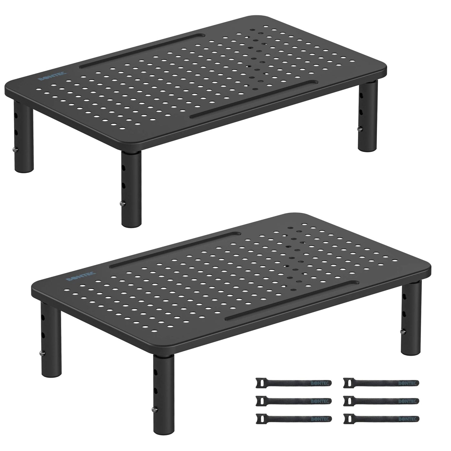 BONTEC 2 Pack 3 Height Adjustable Monitor Stand Riser with Pen Holder, Ergonomic Metal Laptop Stand with Cable Management, Desktop Stand for Computer, Printer, Monitor, Laptop, Black Steel, 14.5 in