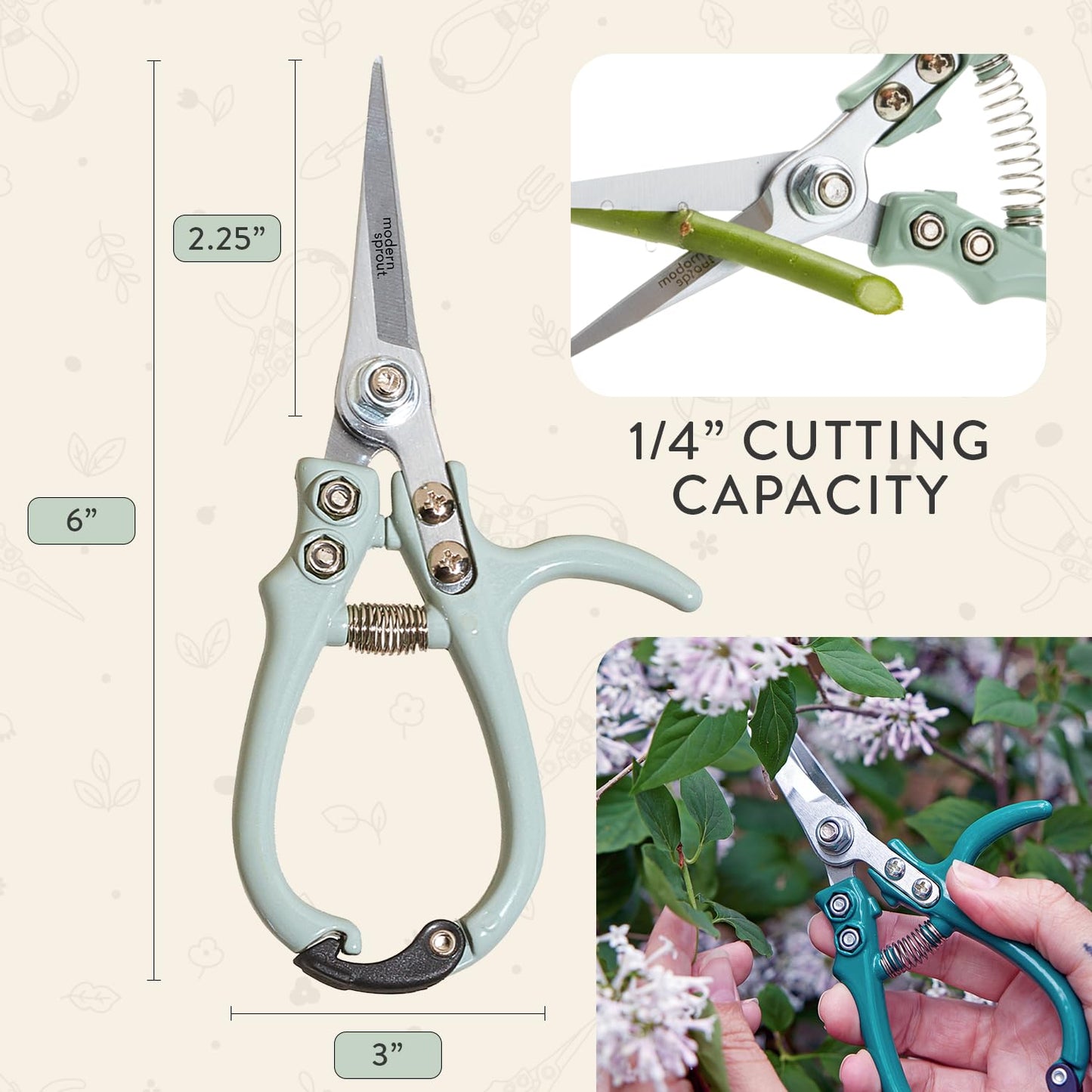 Modern Sprout Pruning Shears - Herb Snipping Scissors- Lightweight Gardening Tools W/Easy Lock - Flower Cutter Garden Shears - Carbon Steel Blade + Reusable Holster (Sage, 1-Pack)